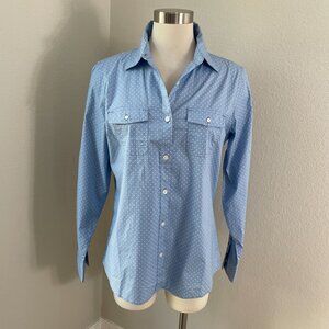 LL Bean Womens Medium Blue Polka Dot Button Up Shirt Roll Tab Sleeve Blouse Top